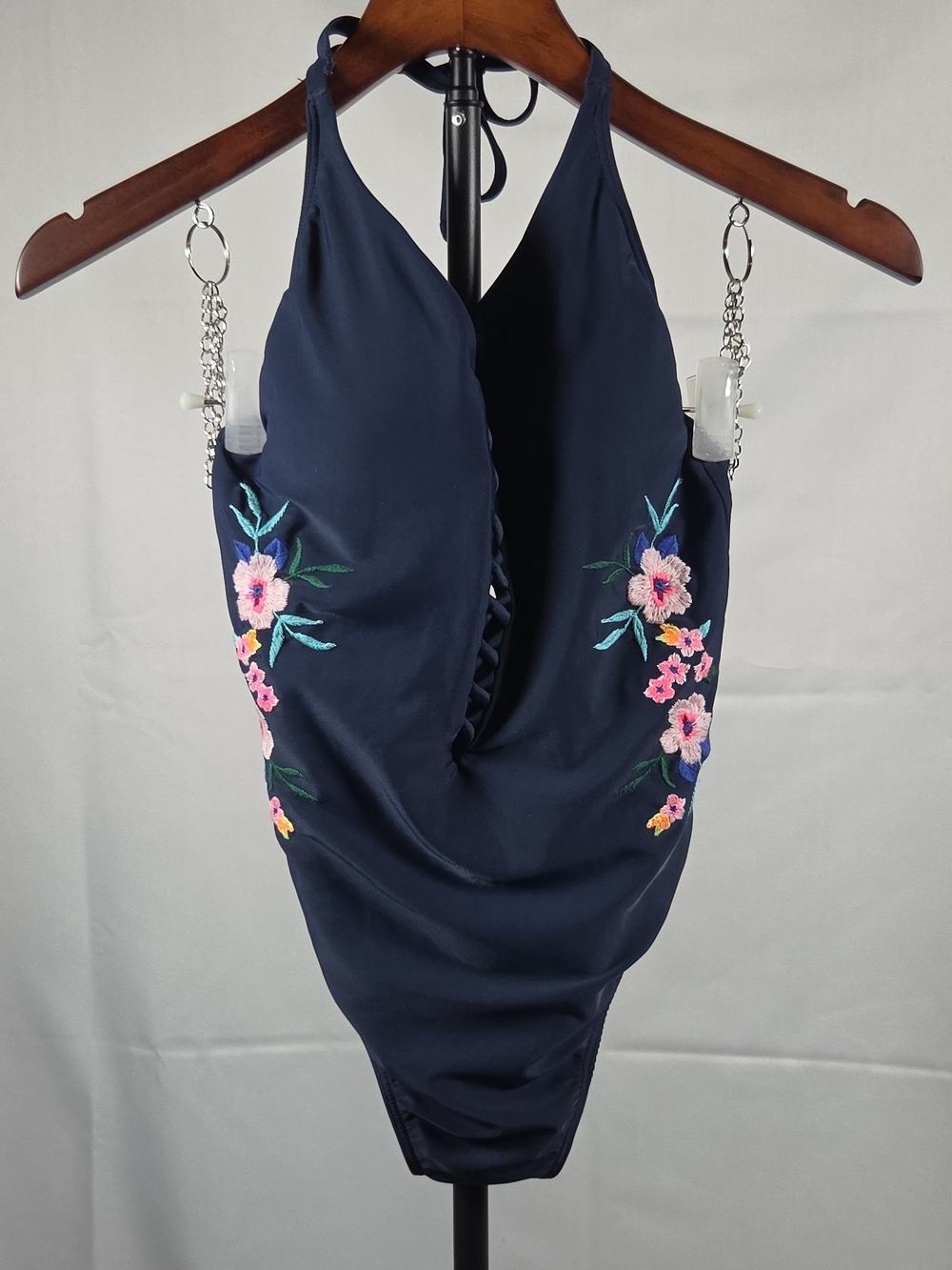 Hollister Navy Backless Halter Swimsuit with Pink Floral Embroidery Size XS